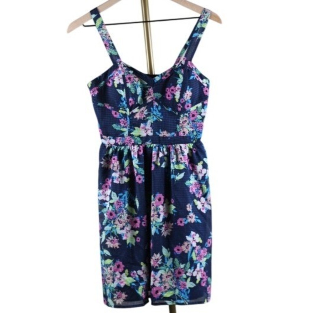 Candies Floral Mesh Fit and Flare Dress Navy Blue Pink Sweetheart Sun Dress M